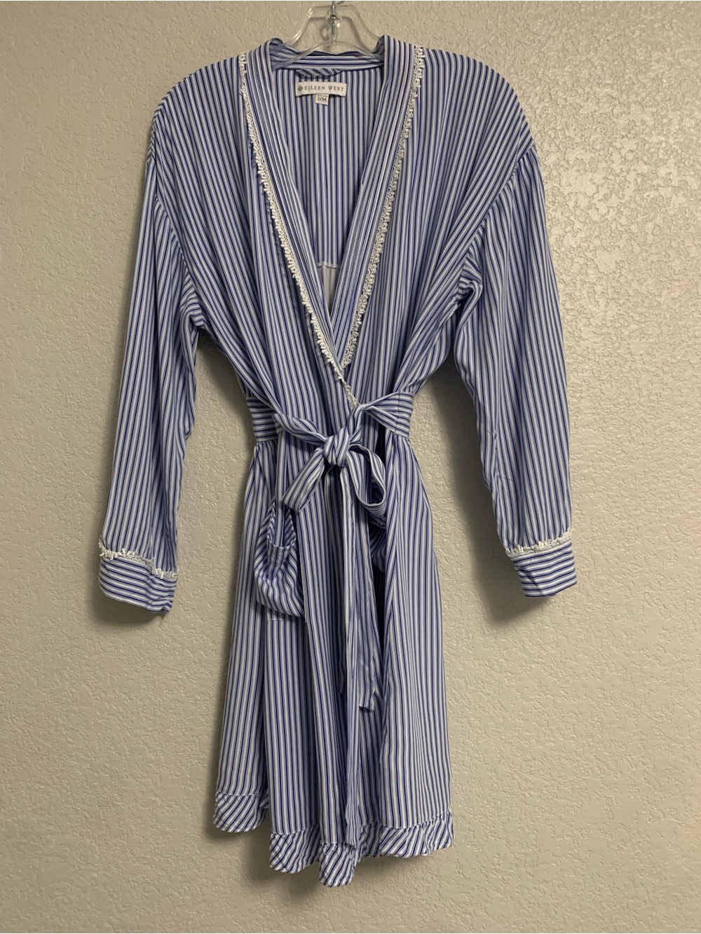 Eileen West Robe Womens S/M Rayon Striped Lace Eyelet Trim Patch Pockets Lounge